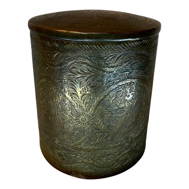 Antique Chinese Brass Metalwork - Deities Surrounded by Stylized Lotus "Caddy Cannister' For Sale
