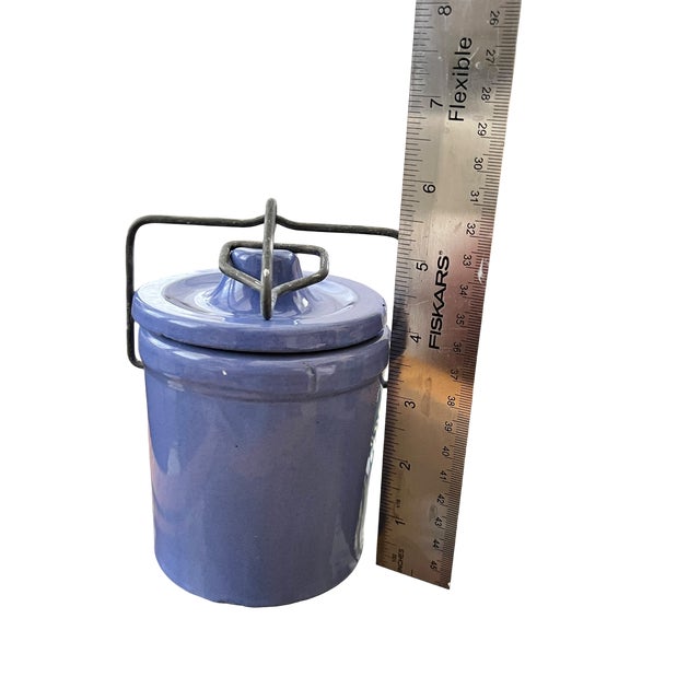 Vintage French Country Periwinkle Blue Ceramic Lidded Canister & Striped Spoon After Digoin Sarreguemines For Sale - Image 12 of 13