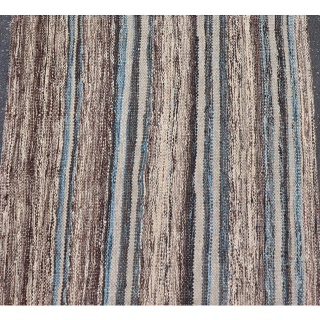 Early 21st Century Modern Tribal Kilim Runner in Denim Blue, Brown, and Ivory Striped Design For Sale - Image 5 of 11