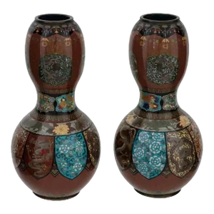 Pair of Late 19th Century Japanese Cloisonne Goldstone Enamel Double Gourd Dragon Vases
