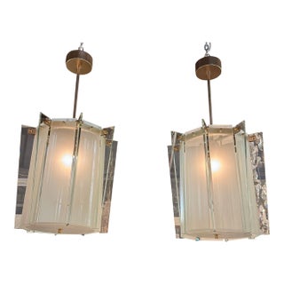 Pair of Italian Modern Pale Green Frosted Glass Lanterns For Sale