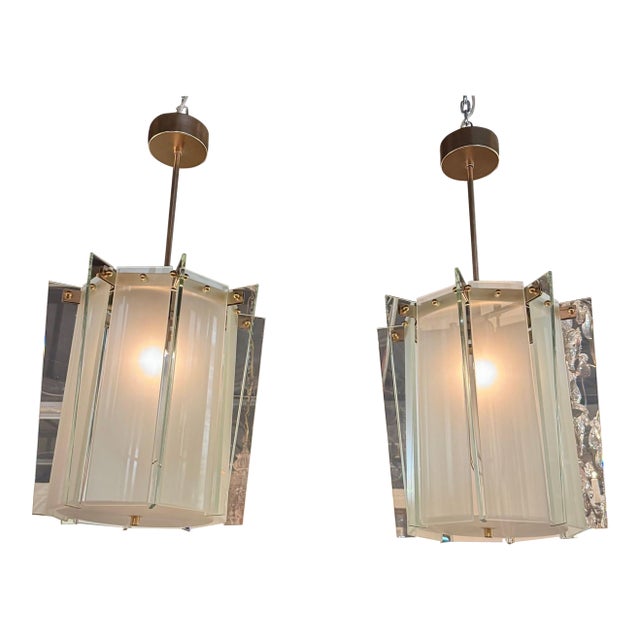 Pair of Italian Modern Pale Green Frosted Glass Lanterns For Sale