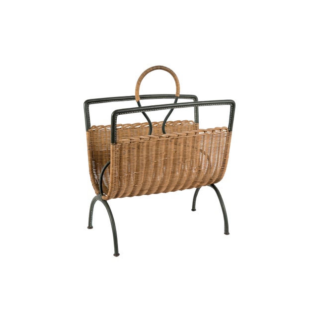 Wood Leather Steering Magazine Rack by Jacques Adnet, 1950s For Sale - Image 7 of 7