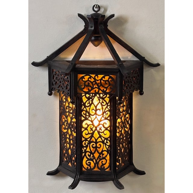 Asian / Aesthetic Movement style wooden lantern shaped wall sconce with mica panel inserts. Newly reconditioned and re-...
