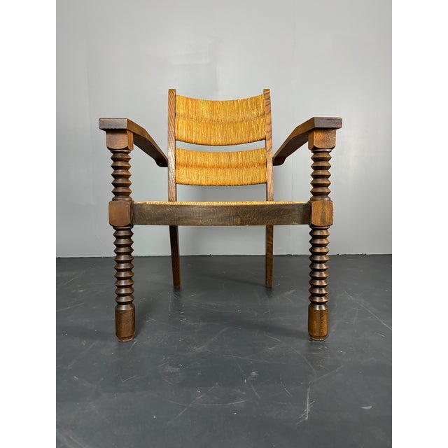 Brutalist Turned Oak and Rush Armchair in the style of Charles Dudouyt, France, 1950s For Sale - Image 15 of 18