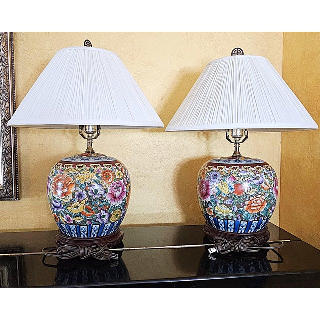 Vintage Hand-Painted Floral Porcelain Table Lamps – a Pair For Sale - Image 4 of 18