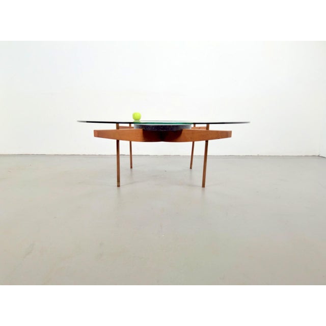 Mid-Century Modern Round Glass Coffee Table with Wood X-Base, 1970 For Sale - Image 3 of 17