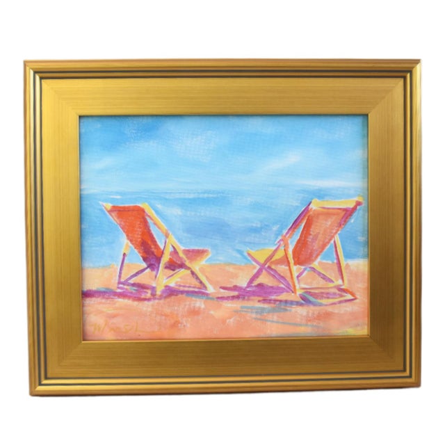 2020s Nautical Beach Folding Chairs Painting Including the Antiqued Gold Wood Frame For Sale - Image 5 of 5