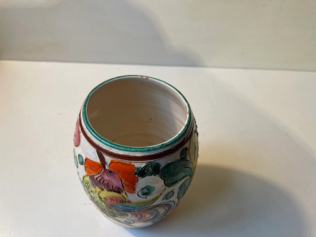 Vintage Italian Hand Glazed Majolica Vase with Rooster, 1960s