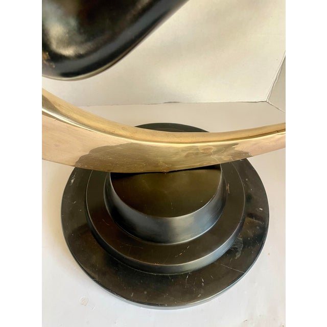 Art Deco Bronze Nude Figure Suspended in Brass Crescent Moon Sculpture on Marble Base For Sale - Image 4 of 12