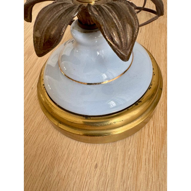 1960s Vintage Pale Blue Opaline Glass & Brass Palm Leaf Table Lamps - a Pair For Sale - Image 5 of 8