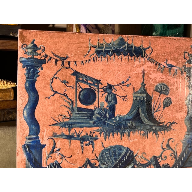French Chinoiserie Chic Style Blue on Pink Whimsical Oil on Wood Panel Painting For Sale - Image 9 of 12
