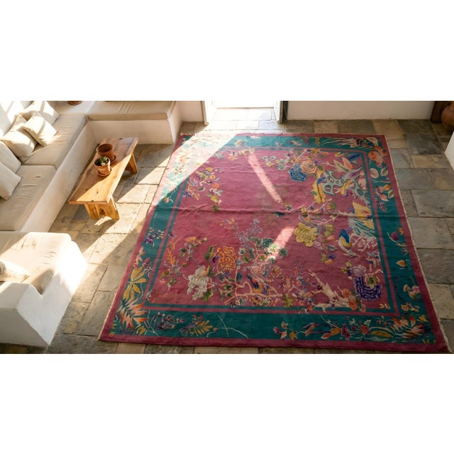1920s Pink Floral Modern Antique Chinese Art Deco Rug 9' X 11'8" Handknotted Wool Carpet For Sale - Image 13 of 15
