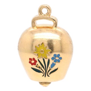 Vintage 18k Gold Lucerne Switzerland Figural Bell With Enamel Flowers Charm For Sale