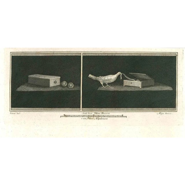 Ancient roman frescoes, from the series "antiquities of herculaneum", is an original etching on paper realized from a...