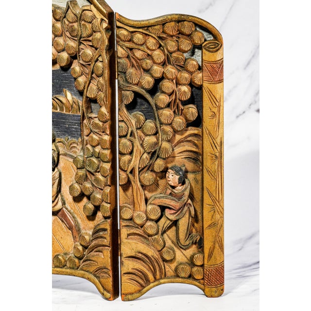 Wood Chinese Hand Carved Painted Vintage Small Three Panel Tabletop Screen Home Decor For Sale - Image 7 of 14
