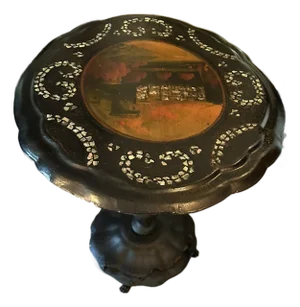 Antique British Victorian Tilt-Top Table – Hand-Painted Landscape With Mother-of-Pearl Inlay