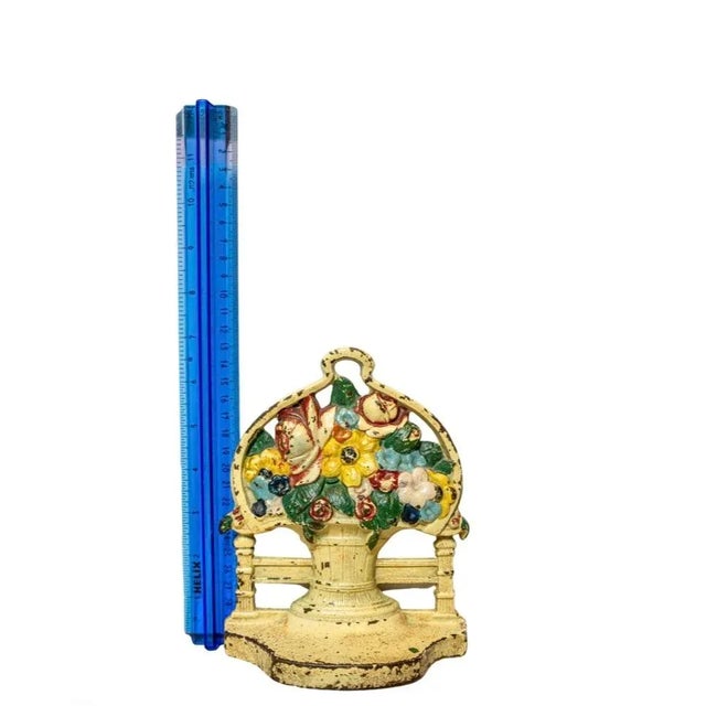 Early 20th Century Petite Painted Cast Iron Flower Basket Doorstop For Sale - Image 6 of 7