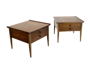 Large Square Raised Rolled Edge Danish Mid-Century Modern Walnut End Tables - a Pair