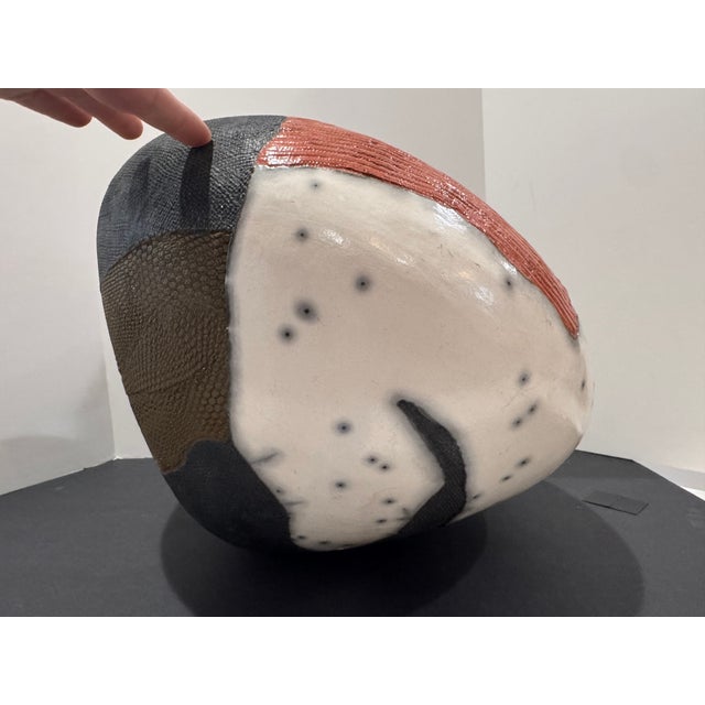Mid-Century Modern Large Sculptural Studio Pottery Vessel / Pod Form White Crackle Raku-Style Glaze, Textured Panels For Sale - Image 3 of 17