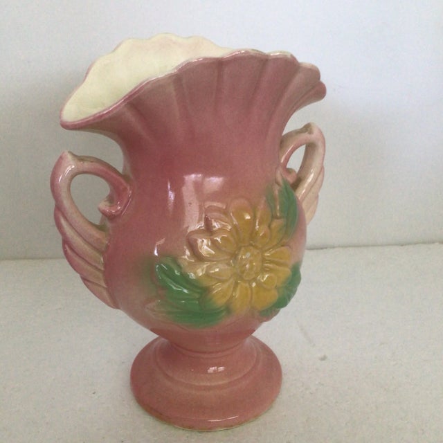 Hull U. S. A. Pottery Double Handle Pink and Yellow Magnolia Flower Vase For Sale In Sacramento - Image 6 of 13