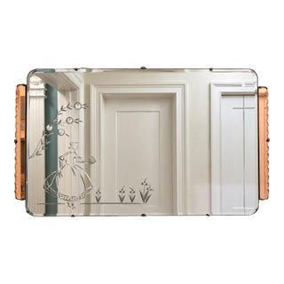 Art Deco Peach Glass Etched Wall Mirror With Figural Design For Sale