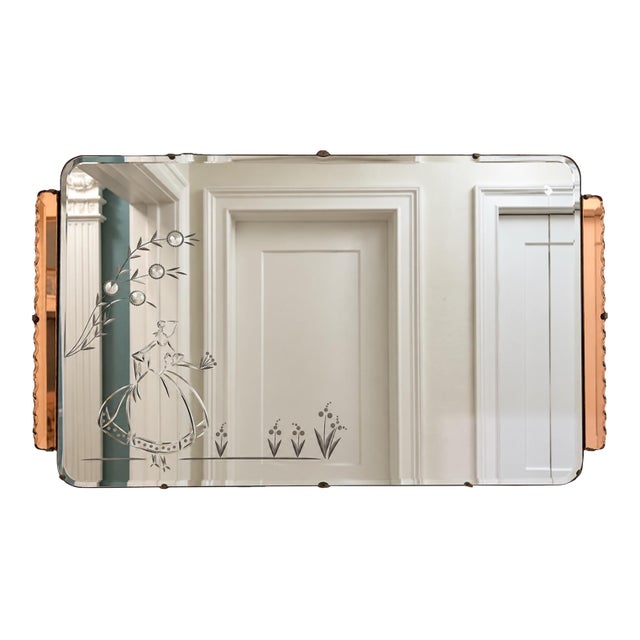 Art Deco Peach Glass Etched Wall Mirror With Figural Design For Sale