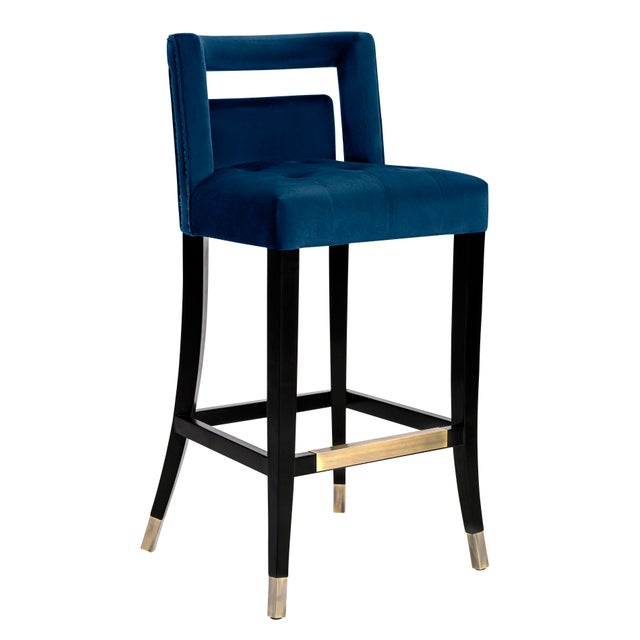 Wood Hart Navy Velvet Bar Stool For Sale - Image 7 of 7