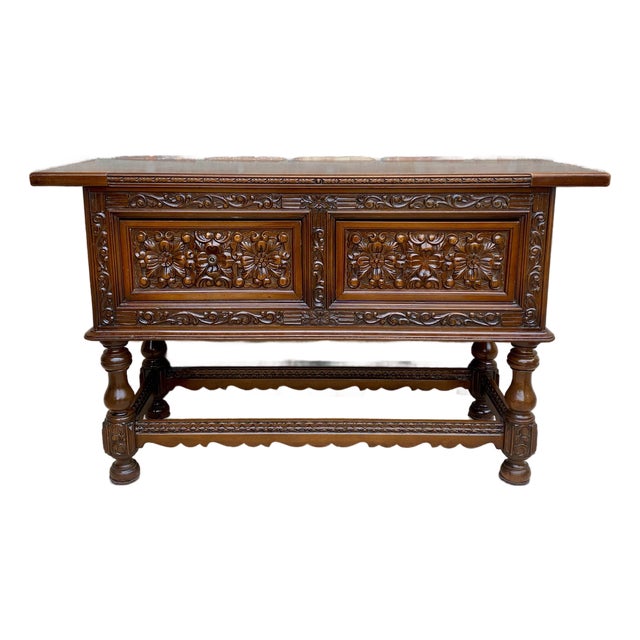 Spanish Carved Wood Sideboard With Floral Decoration, Mid-20th Century For Sale