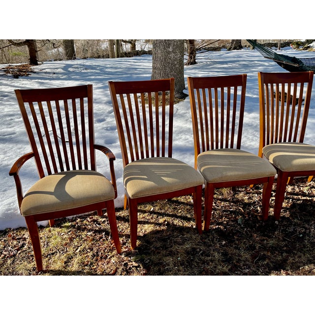 Set 10 Dining Chairs Mission Shaker Amish Style Cherry Wood Slat Backs 2 Arms 8 Sides. For Sale - Image 4 of 8