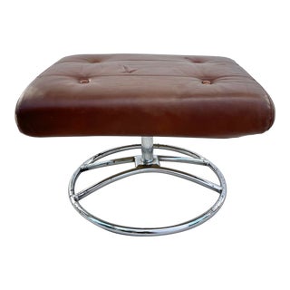 Vintage MCM Ekornes Brown Leather Swivel Footstool For Sale