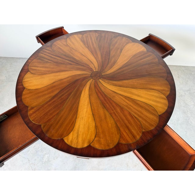Mid-Century Modern Vintage Thomasville Ernest Hemingway Collection Inlaid Pinwheel Round Center Table With Drawers For Sale - Image 3 of 12