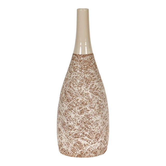 Hand-Crafted Artisan Bottle Shaped Brown and Cream Ceramic Vase with Dripping For Sale