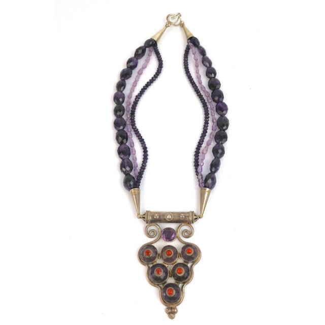 Amethyst Multi Strand Gem Amethyst Cabochon Triangular Pendant Statement Necklace For Sale - Image 8 of 9