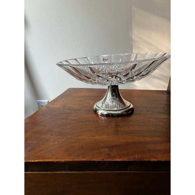 Val Saint-Lambert Vintage Mid-Century Cut Crystal Footed Compote Bowl & Ornate Engraved Silver-Plated Butler’s Tray - 2-Piece Set For Sale - Image 4 of 8