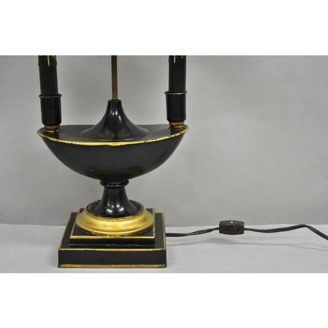 Antique French Empire Black & Gold Tole Metal Urn Bouillotte Table Lamp W Shade For Sale - Image 12 of 12