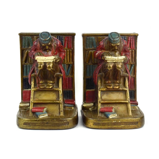 Early 20th Century Antique Rare Hand Painted Armor Bronze "The Bookworm" Polychrome Scholar on Library Ladder Bookends - A Pair For Sale - Image 5 of 14