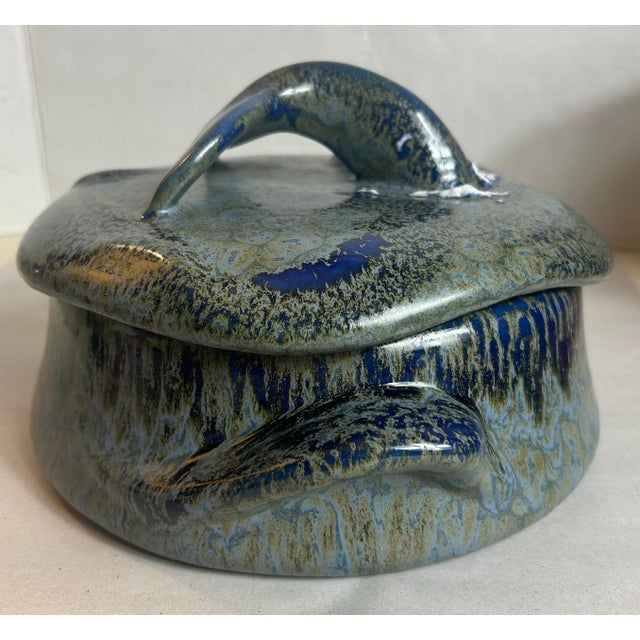 Vintage Artisan Drip Glaze Pottery Doug Wylie Original Clayfish Design Whale Themed Casserole Dish For Sale - Image 4 of 12