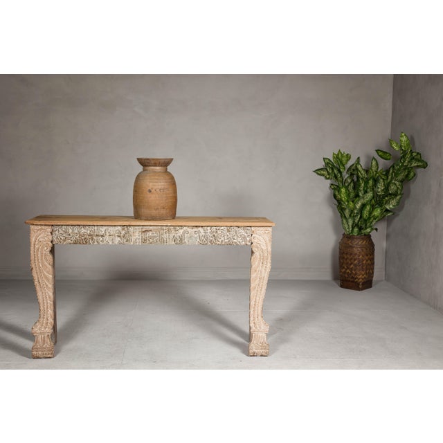 Early 21st Century Mughal Style Whitewash Console Table with Foliage Carved Apron and Legs For Sale - Image 5 of 12