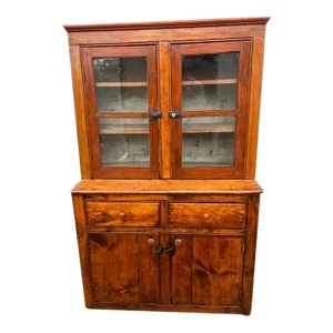19th Century Antique Early American Rustic Oak Pine Two-Part Display Cupboard Cabinet