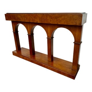 1970s Burl Burled Arch Mid Century Modern Heritage Console Foyer Sofa Entry Table For Sale