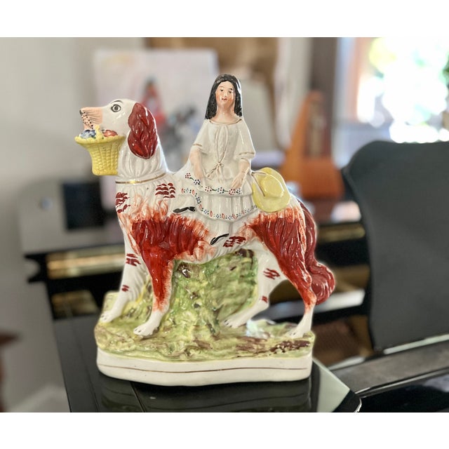 Staffordshire 19th Century Antique English Staffordshire Girl Riding Spaniel Dog Figurine For Sale - Image 4 of 18