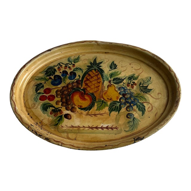 Vintage Folk Art Oval Tole Tray With Fruit For Sale