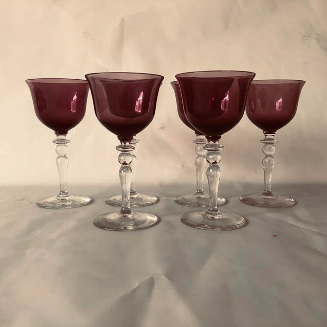 1990s 90's Amethyst Cordials Glasses Clear Stems S/6 For Sale - Image 5 of 5