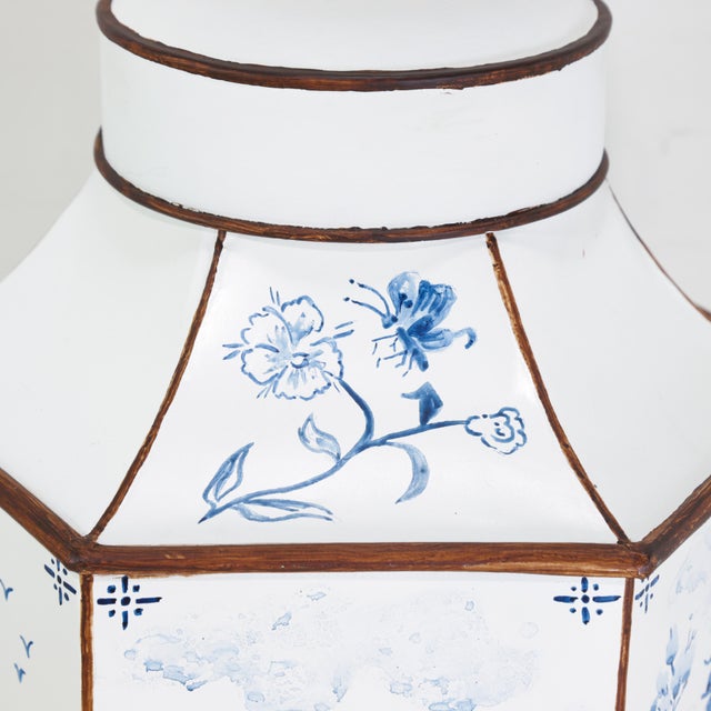 Metal A Pair of Vintage Hand-Painted Blue and White Imitation Dutch Tile Landscape Tea Can Table Lamps For Sale - Image 7 of 14