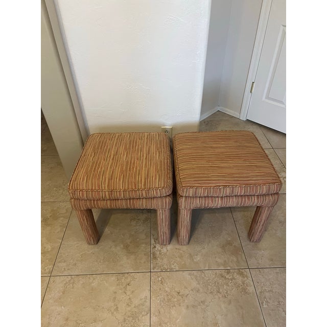 Pair of Mid Century Modern Parsons Style Upholstered Ottomans/ Stools For Sale - Image 9 of 12