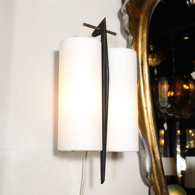 White Mid-Century Frosted Glass, Brass & Black Enamel Sconce by Maison Arlus For Sale - Image 8 of 11