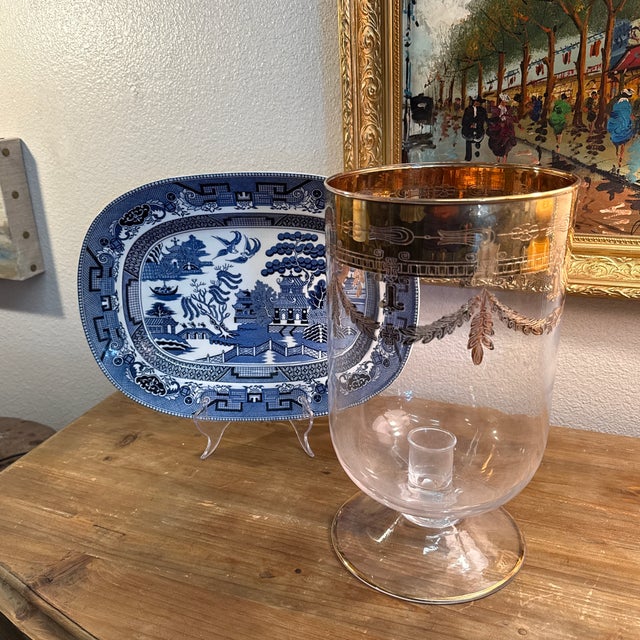 Gold 1940s Hand Blown Glass Gold Leaf Hurricane Candle Holder For Sale - Image 8 of 9