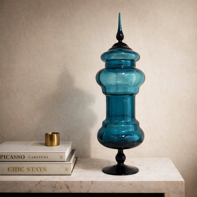 Tall Mid-Century Empoli Teal Glass Apothecary Jar With Finial Lid For Sale In Chicago - Image 6 of 9