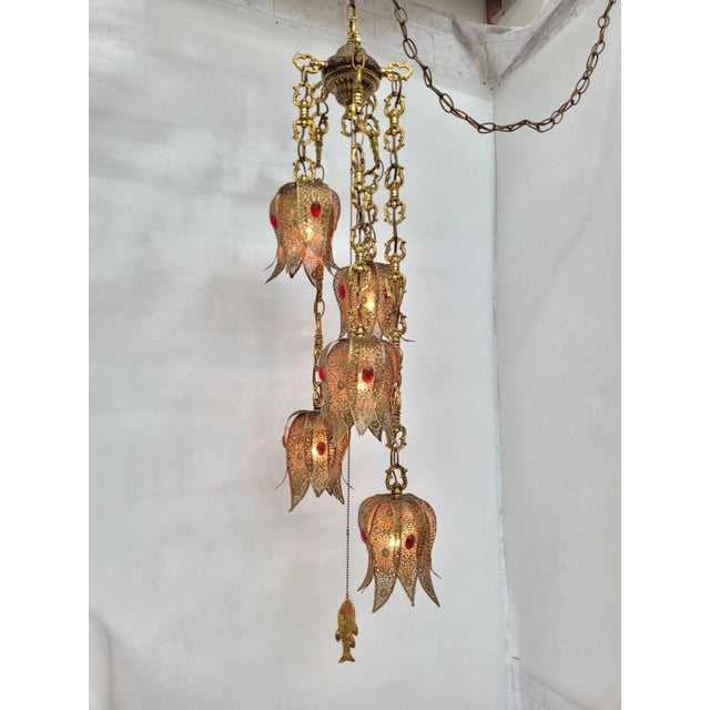 Vintage Swag Lamp Filigree Tulip 5 Light Red Ruby Jewel Stones Metal Flower Art BOHO Chic Chain Hanging Chandelier This...